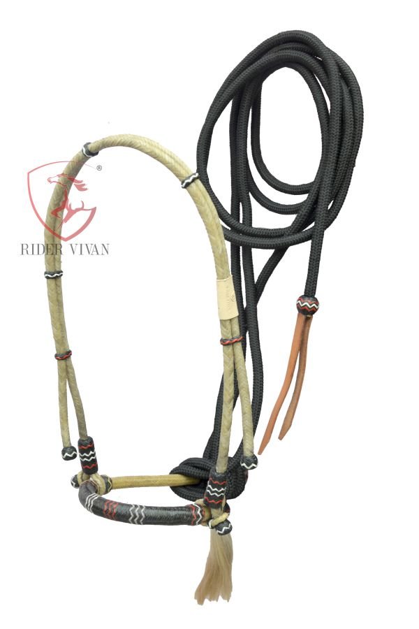 RIDER VIVAN 307- Western Bosal Set 40 Plaits, Natural & Black Hackamore  Set, Horse Bosal Set With Black Nylon Mecate Rein.